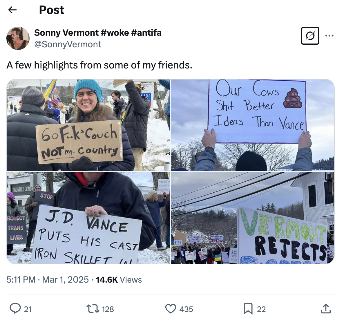 Screenshot of X post about JD Vance's Vermont trip